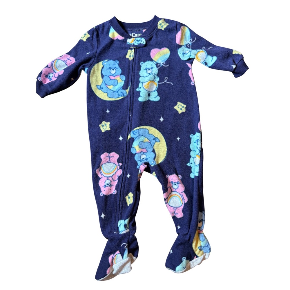 Care Bears Fleece Footed Pajamas Baby 12M Navy Blue Zip Up Sleeper Nightwear